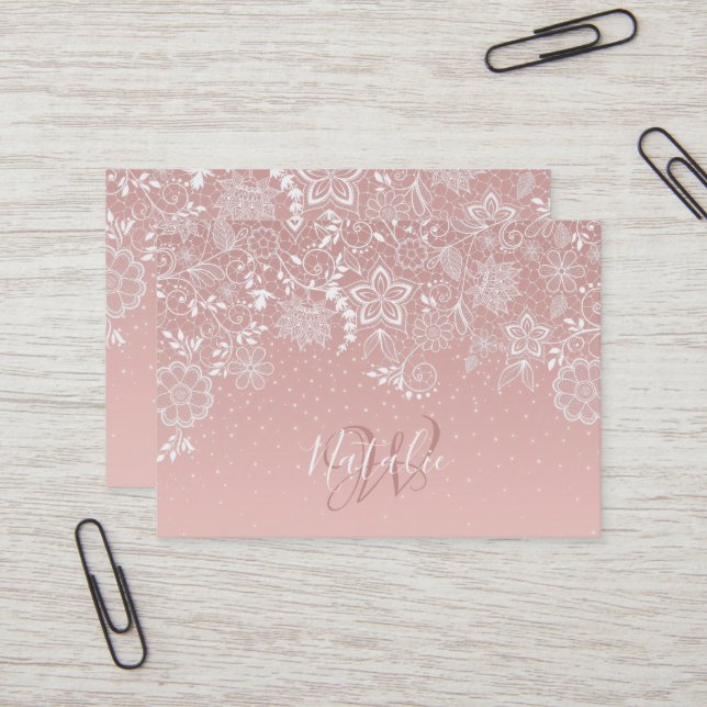Elegant white lace floral and confetti design business card (Front/Back In Situ)