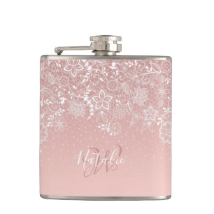 Elegant white lace floral and confetti design hip flask