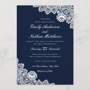 Elegant White Lace Navy Wedding Invitation