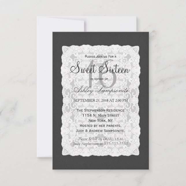 Elegant White Lace on Black Invitation (Front)
