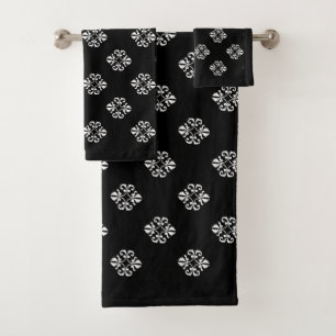 Elegant White Lace Pattern on Black Bath Towel Set