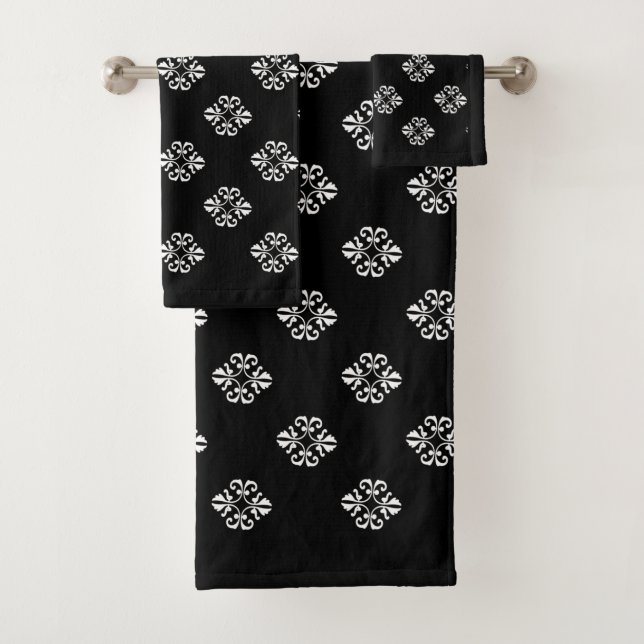 Elegant White Lace Pattern on Black Bath Towel Set (Insitu)