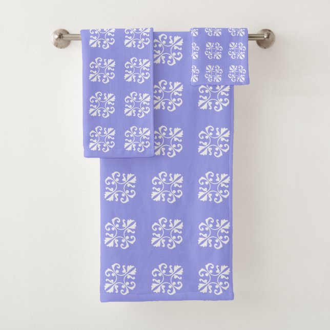 Elegant White Lace Pattern on Light Blue Bath Towel Set (Insitu)