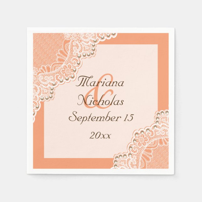 Elegant white lace & pearls coral orange wedding napkin (Front)