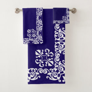 Elegant White Lace Vector on Navy Blue Bath Towel Set