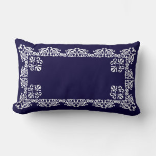 Elegant White Lace Vector on Navy Blue Lumbar Pillow