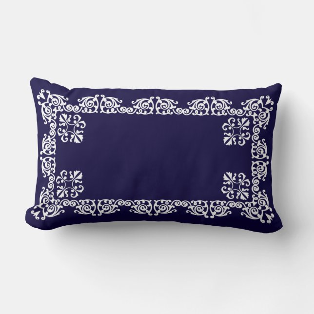 Elegant White Lace Vector on Navy Blue Lumbar Pillow (Front)