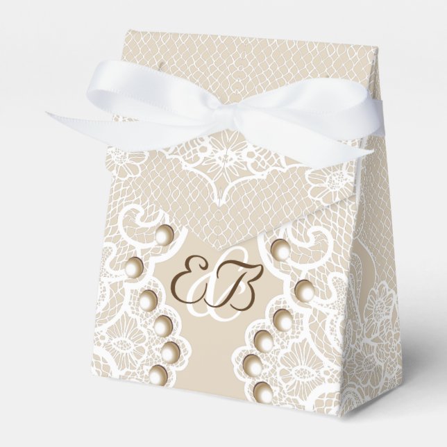 Elegant white lace with pearls beige wedding favor box (Front Side)