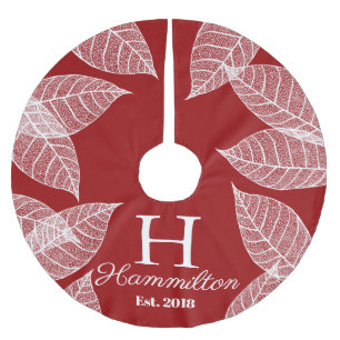 Elegant White Leaf Skeletons & Festive Red Brushed Polyester Tree Skirt