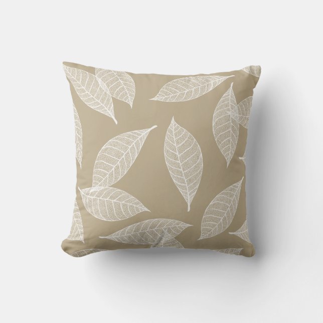 Elegant White Leaf Skeletons & Taupe Throw Pillow (Front)