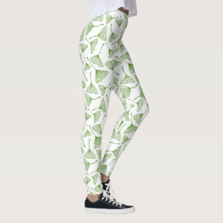 Elegant white leggings with green ginkgo leaf