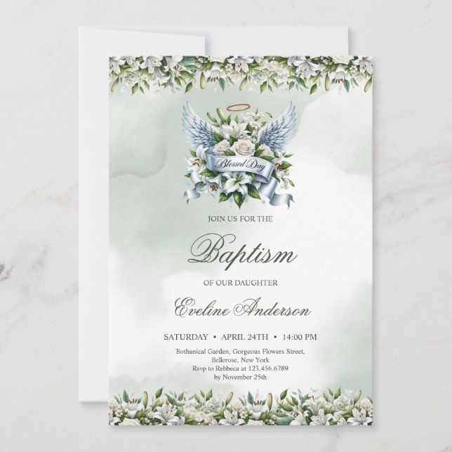 Elegant white lilies and roses Blessed day Baptism Invitation (Front)