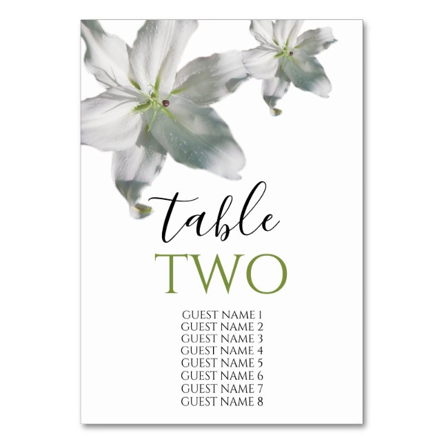 Elegant White Lilies Wedding Guest Names Table Number (Front)