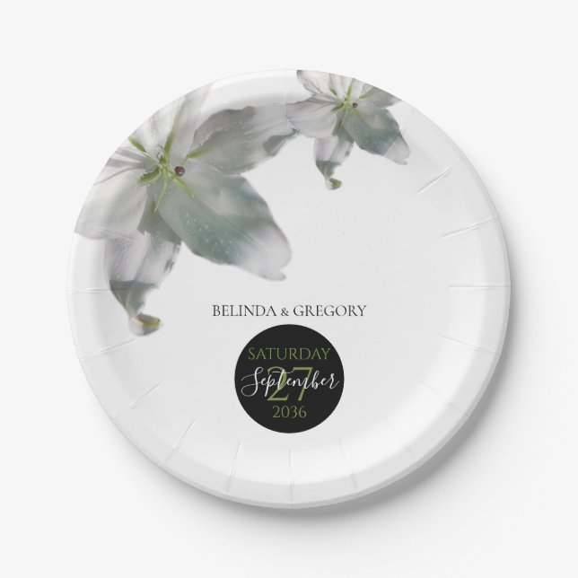 Elegant White Lilies Wedding   Paper Plate (Front)
