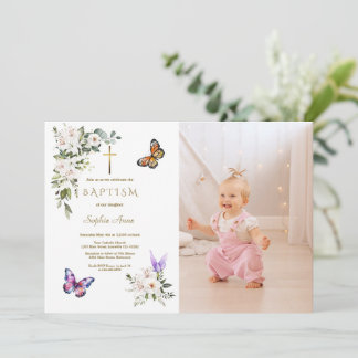 Elegant White Lily Butterfly Girl Photo Baptism Invitation