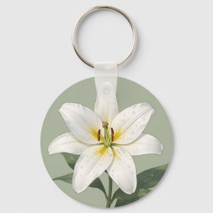 Elegant White Lily Dew Drops Botanical Keychain