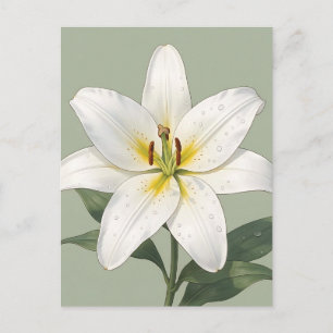 Elegant White Lily Dew Drops Botanical Postcard