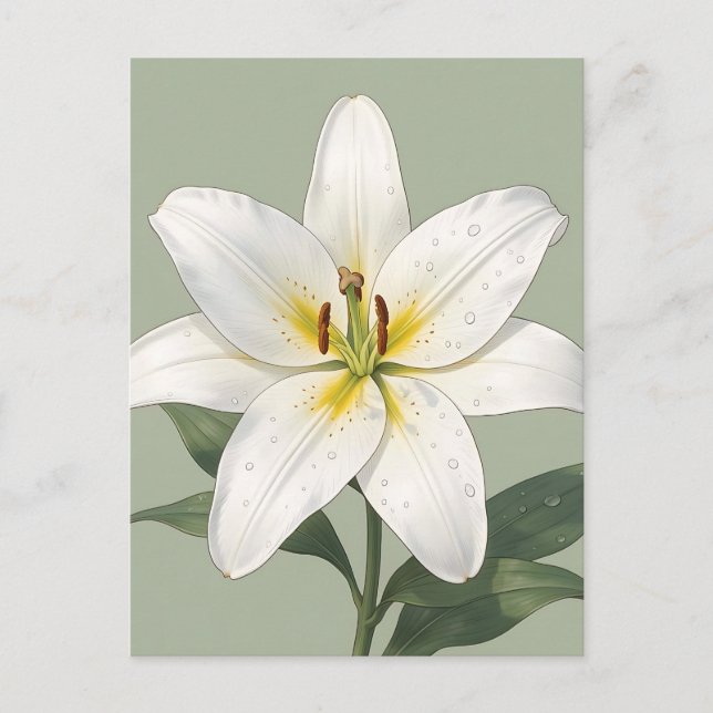 Elegant White Lily Dew Drops Botanical Postcard (Front)