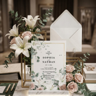 Elegant White Lily & Eucalyptus Floral Wedding Invitation