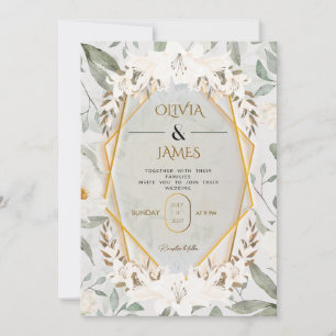 Elegant White Lily Floral Geometric Gold Wedding I Invitation