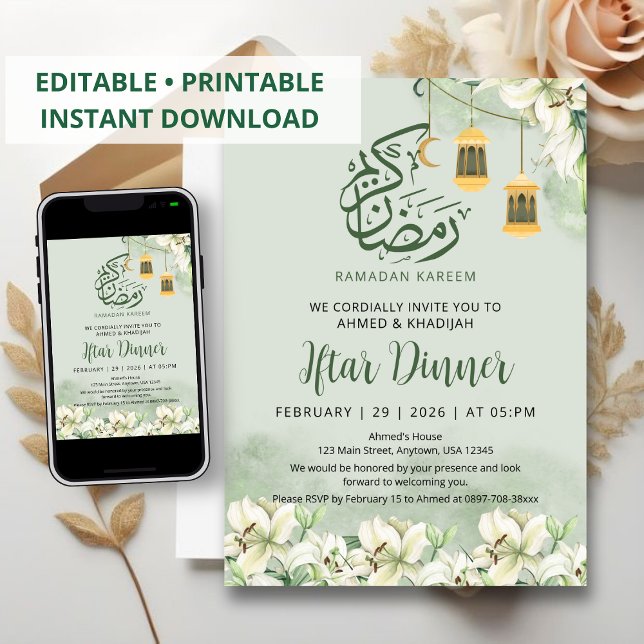 Elegant White Lily Ramadan Iftar Dinner Invitation (Creator Uploaded)