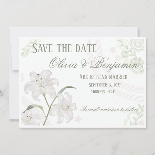 Elegant White Lily Save the Date Card | Editable  (Front)