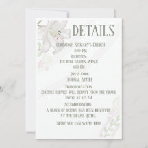 Elegant White Lily Wedding Details Card Botanical