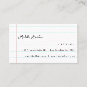 Elegant White Lined Notebook Paper Personalized Business Card