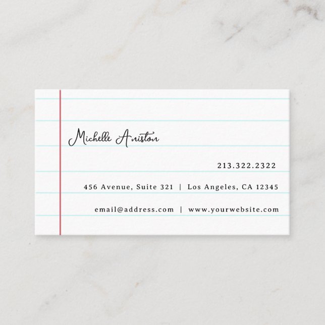 Elegant White Lined Notebook Paper Personalized Business Card (Front)