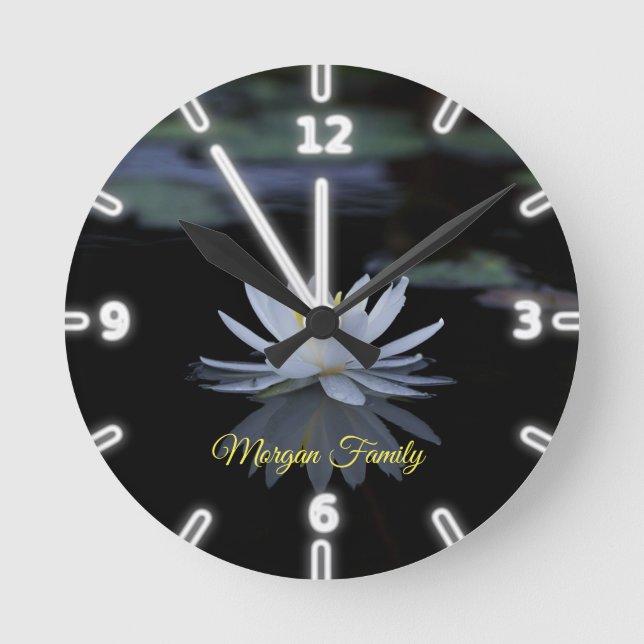 Elegant White Lotus Lake Personalized Round Clock (Front)