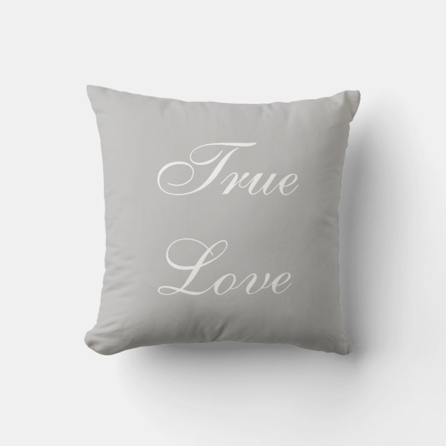 Elegant White Love Calligraphy on Silver Grey Throw Pillow (Front)