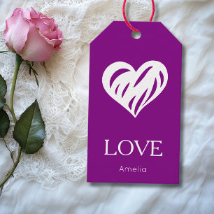 Elegant White Love Cutout Heart Purple Gift Tags