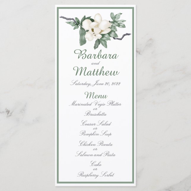 Elegant White Magnolia Blossom Reception Menu (Front)