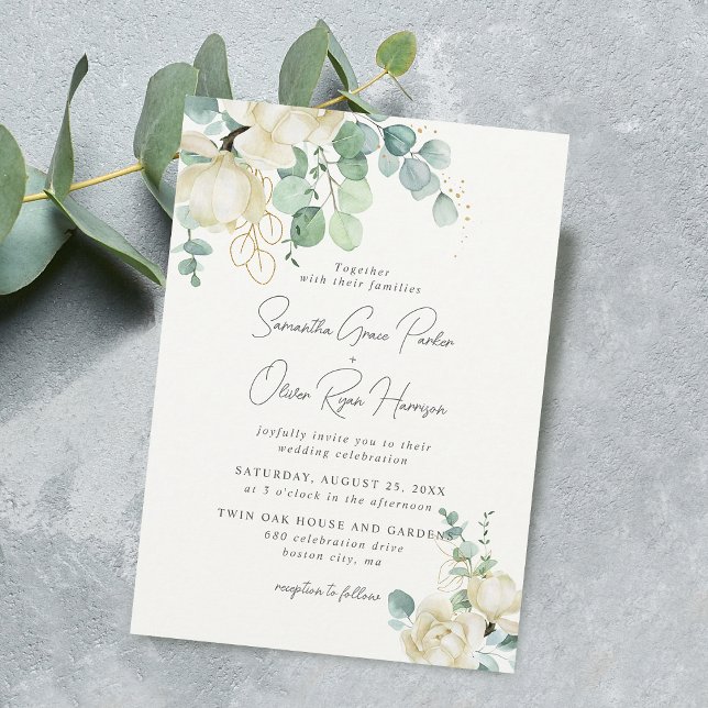 Elegant White Magnolia Eucalyptus Bouquet Wedding Invitation (Elegant White Magnolia Eucalyptus Bouquet Wedding Invitation)