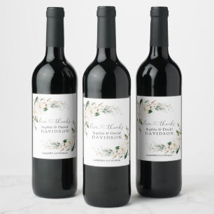 Elegant White Magnolia Floral Gold Wedding   Wine Label