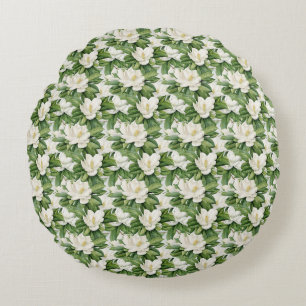 Elegant White Magnolia Flower Seamless Round Pillow