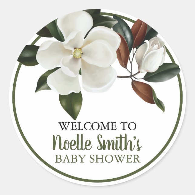 Elegant White Magnolia Flowers, Baby Shower Classic Round Sticker (Front)