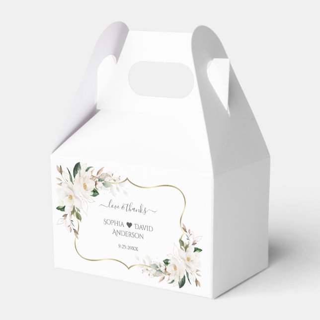 Elegant White Magnolia Flowers Gold Wedding   Favor Box (Back Side)