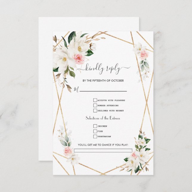 Elegant White Magnolia Gold Song Request Wedding  RSVP Card (Front/Back)