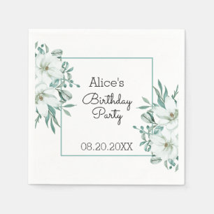 Elegant White Magnolia Greenery Flora Birthday Napkin