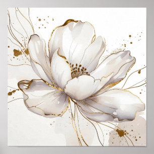 Elegant White Magnolia Line Art with Gold Accents  Poster