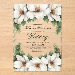 Elegant White Magnolia Wedding Pine Tree Frame Acrylic Invitations