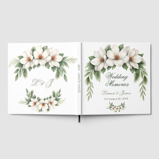 Elegant White Magnolia Winter Wedding Pine Tree  Guest Book (Full)