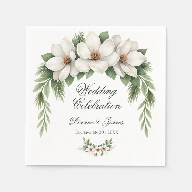 Elegant White Magnolia Winter Wedding Pine Tree  Napkin (Front)