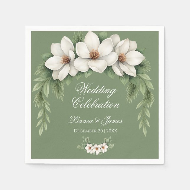 Elegant White Magnolia Winter Wedding Pine Tree  Napkin (Front)