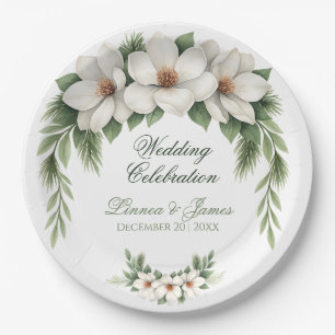 Elegant White Magnolia Winter Wedding Pine Tree  Paper Plate