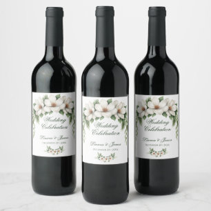 Elegant White Magnolia Winter Wedding Pine Tree Wine Label