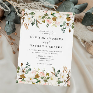 Elegant White Magnolias and Blush Floral Wedding Invitation
