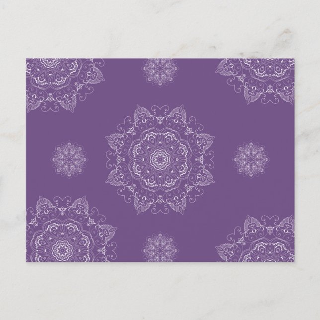 Elegant White Mandala Pattern on Purple Background Postcard (Front)