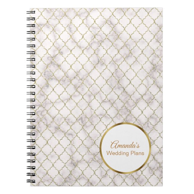 Elegant White Marble and Gold Quatrefoil Wedding Notebook (Front)
